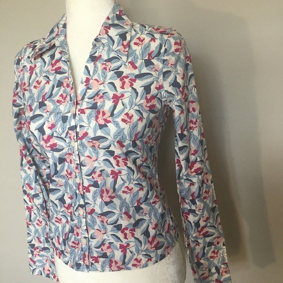 Old Navy X-Small Button Up Blouse Blue White Pink Floral Long Sleeve Career Top - Picture 5 of 12